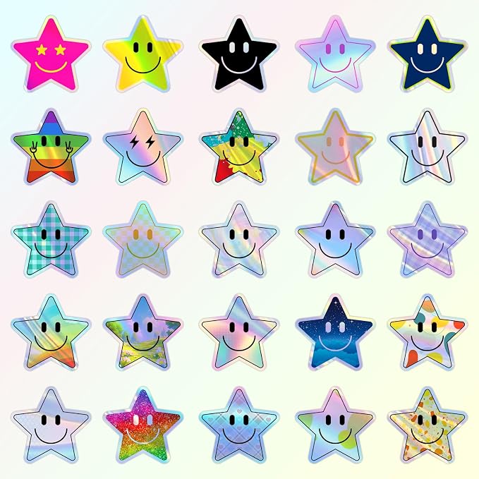 50PCS Smiling Holographic Star Stickers, Cute Water Bottle Stickers for Kids, for Teaching Rewards, Notebooks, Stationery, Luggage, Cartoon PVC Happy Holographic Stickers