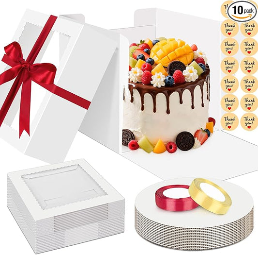 Sudaya 10x10x5 Cake Boxes with Window, Cake Boxes 10 inch Tall with Cakes Box Ribbon Stickers, 10in Disposable Carry Bakery Containers Cajas Para Pasteles for Pies Party Wedding Gift Giving
