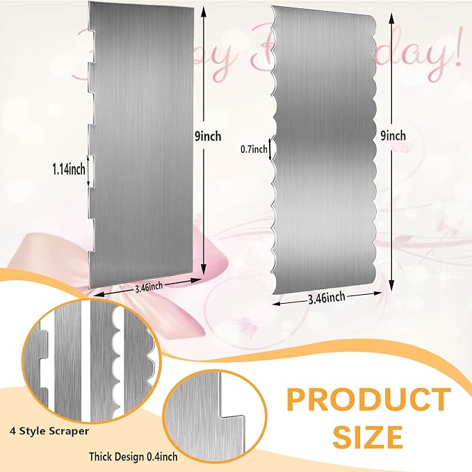 2 Pieces Stainless Steel Cake Scraper, 9 Inch Large Cake Smoother Scraper Contour Double Sided Patterned Edge Stripe Tool Pastry Cutter in 6 Patterns for Different Shapes of Comb Cake Edges Decoration