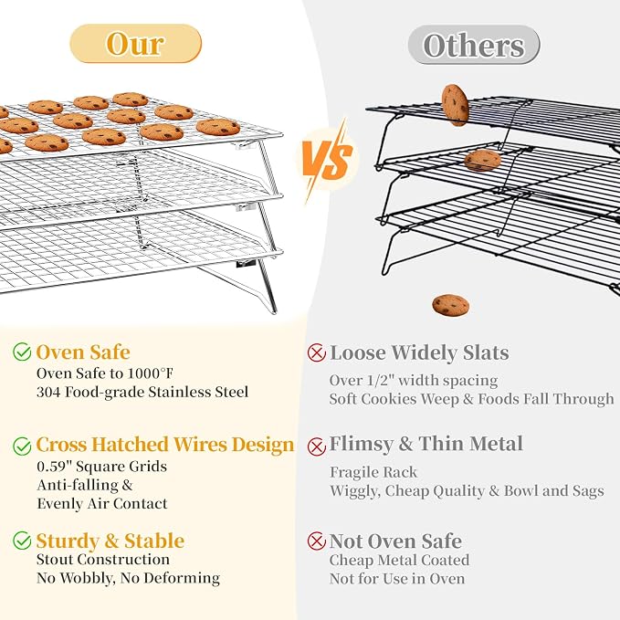 3-Tier Cookie Cooling Racks for Cooking & Baking, 304 Stainless Steel 13"x9" Stackable Wire Rack, Oven & Dishwasher Safe, Baking Rack for Oven, with Silicone Tongs
