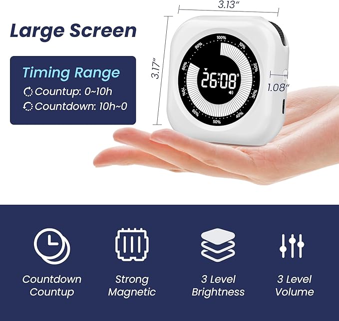 PERSUPER Visual Timer for Kids, 10 Hours Countdown/Up, with Rechargeable, 3 Brightness Display, 3 Volume Levels and Magnetic, Homeschool Study Tool, Large Digital Timers for Kitchen, Classroom