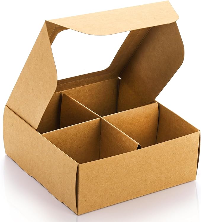Eorbow 40 Pack Brown Bakery Boxes with Window and Dividers, 6 x 6 Inch Mini Pastry Boxes with 4 Compartments, Kraft Treats Gift Boxes with Inserts, Cupcake Packaging Containers for Pastries Biscuits