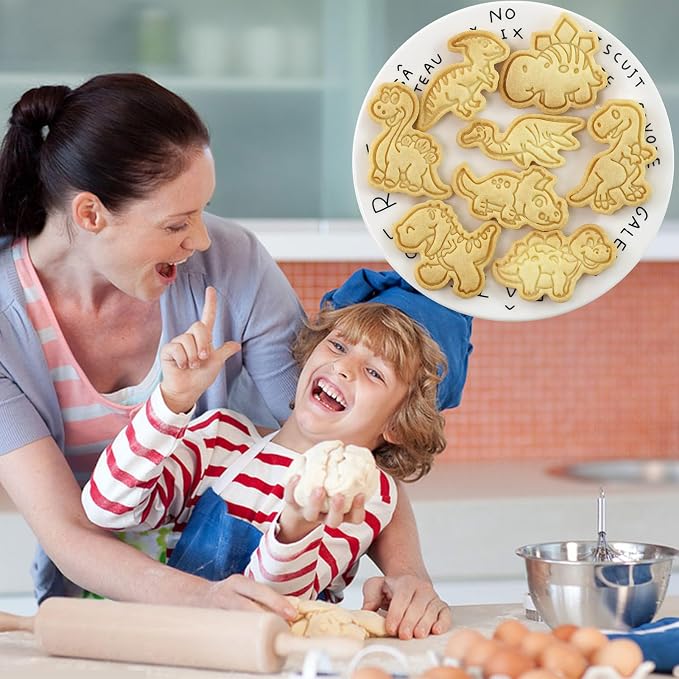 Dinosaur Cookies Cutter with Cookie Stamps 8 Pieces Set 3D Cute Dino Shaped Biscuit Cracker Cutters for Kids (Dinosaur B)