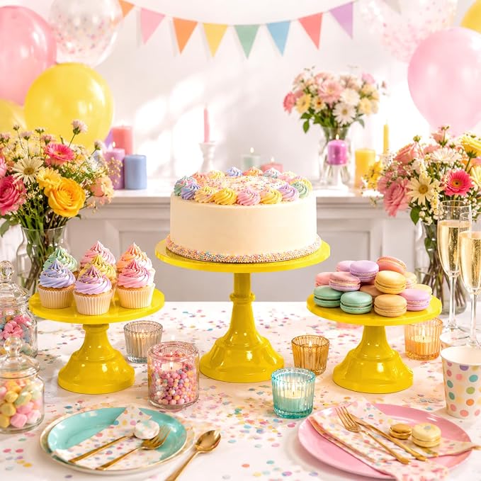 3 Pcs Cake Stand Set Metal Round Cake Holder Cupcake Stands 8/10/12 inch Yellow Dessert Display Stands Dessert Table Decorations for Birthday Parties, Baby Shower,Wedding Banquets and Anniversary