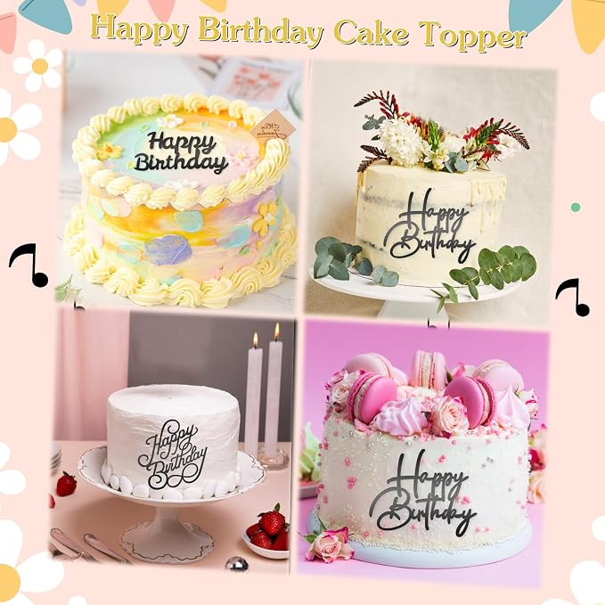 6 PCS Happy Birthday Side Cake Toppers Black Mirror Side Cake Toppers DIY Acrylic Glitter Cake Inserts Celebration Birthday Party Event Cupcake Decorations(Black)（Need to remove the protective film）