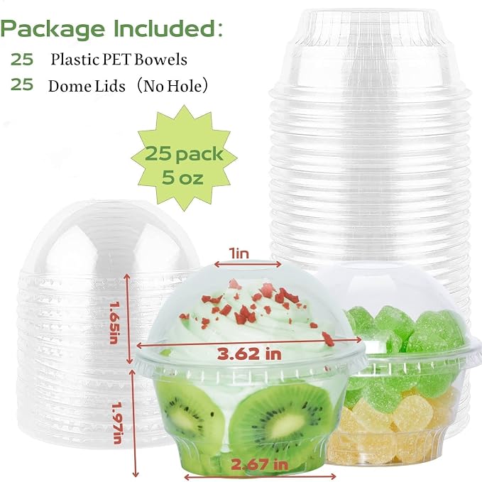 5 oz Clear Plastic Dessert Cups with Dome Lids (25Sets) - Disposable Snack Bowls (No Hole) for Cereal Parfait, Yogurt, Cupcakes, Pudding, Jello and Individual Desserts at Party