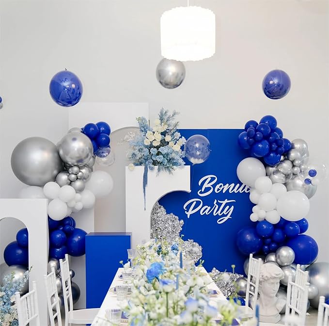 136pcs Blue White Silver Balloon Garland Kit - 18/12/10/5 Inch Royal Blue, Silver Confetti Balloon Arch for New Year, Graduation, Birthday, Father’s Day Decor