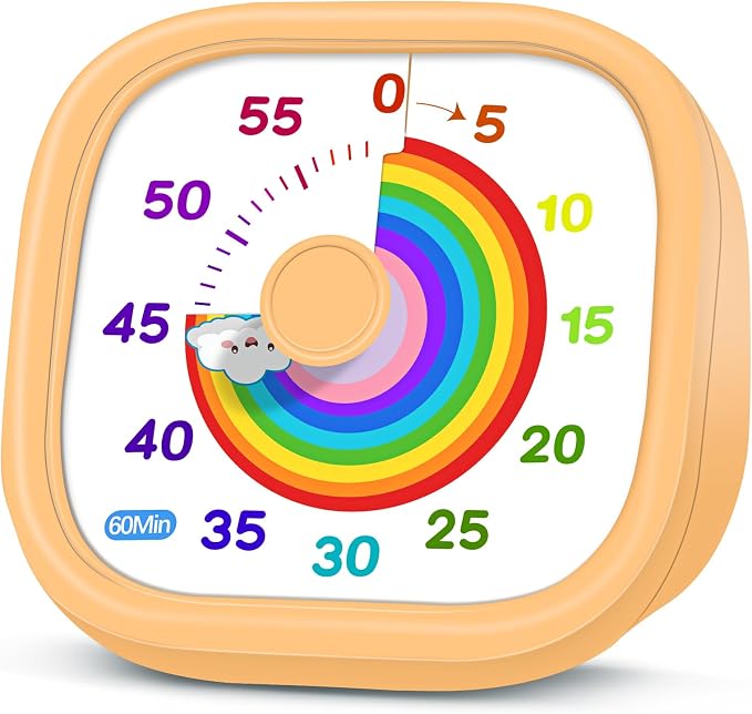 HIPPIH Visual Timer for Kids - 60 Minute Pomodoro Timers for Classroom Kitchen Office, Countdown Kids Timer Clock with Rainbow Disk, Desk Time Management Tool for Toddler with Silent Operation