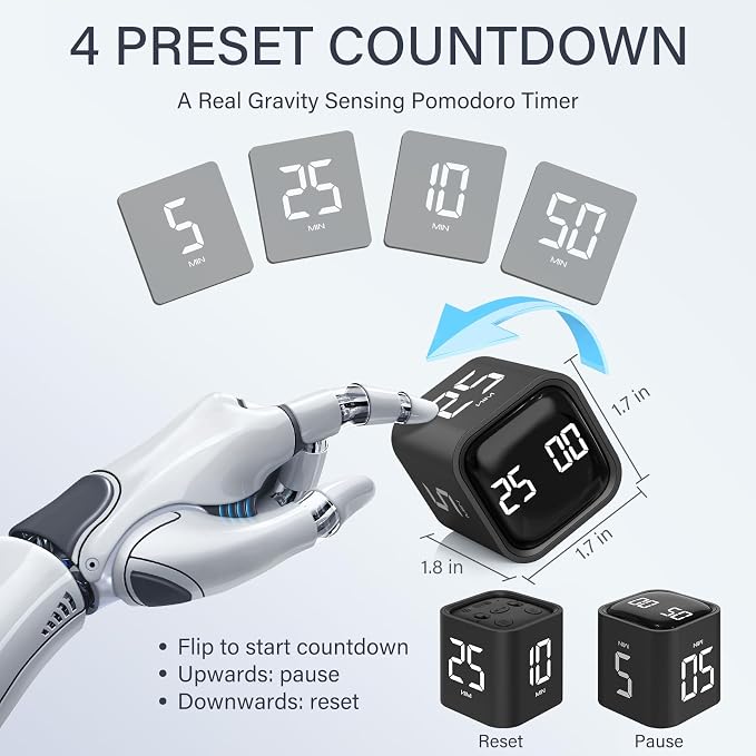 Rotating Pomodoro Timer 5, 25, 10 50 Minutes Preset, Desk Productivity Flip Timer, ADHD Tool Cube Countdown Stopwatch, Vibration/High/Low Volume/Custom Modes, for Work, Study, Back to School, Kitchen