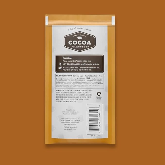 Cocoa Classics Caramel Cocoa Mix, Hot or Iced, 1.25oz, 36 Pack | Caramel cocoa mix with rich, smooth flavor; just add water for creamy hot or iced cocoa, made with nonfat milk for smoothness