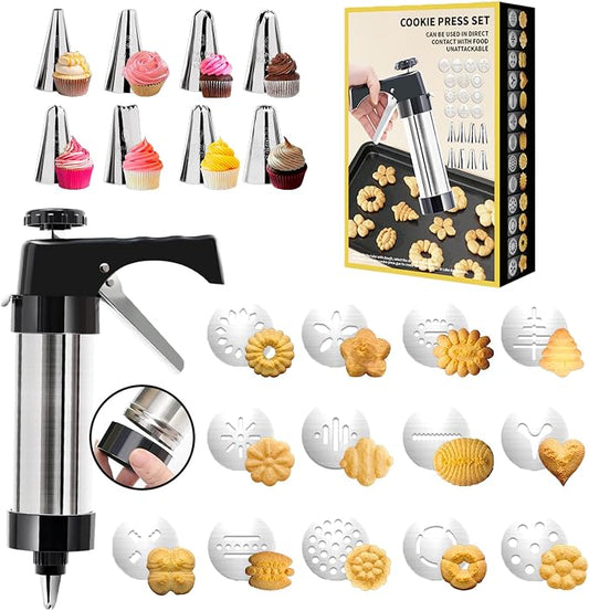 Cookie Press Gun Black - Spritz Cookie Press Kit with 13 Discs & 8 Piping Tips | Perfect for Thanksgiving Christmas, Baking & Cake Decorating