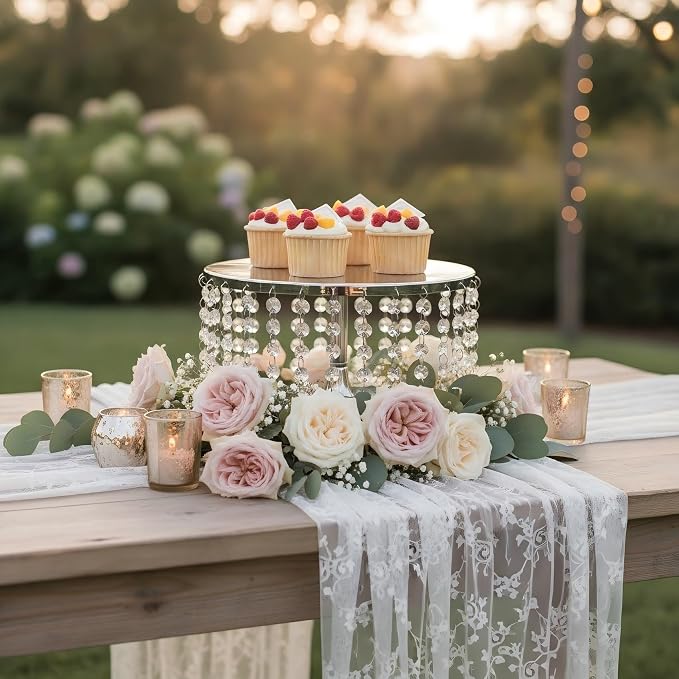 Cake Stand for Dessert Table 10 Inch Silver Crystal Pendants Metal Cake Stand Serves as A Round Dessert Cupcake Display Plate for Table, Wedding, Party, Event