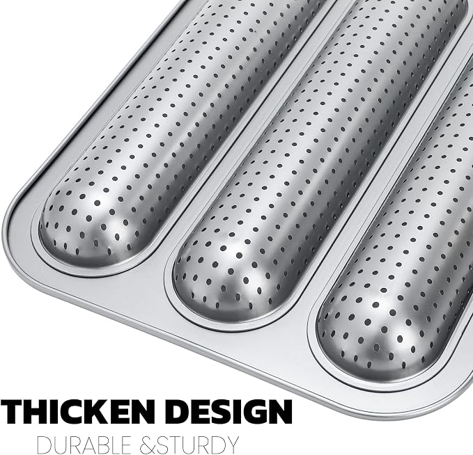 ZOOFOX 2 Pack Nonstick Perforated Baguette Pan, 3-Slot French Bread Baking Pan, Carbon Steel Baguette Tray for Professional and Home Baker, Sourdough, Italian Bread Baking