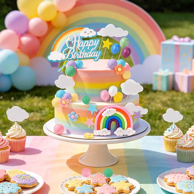 Hooqict 37PCS Rainbow Cake Topper with Daisy Flower Pastel Balls Boho Rainbow Cake Decorations for Wedding Girls Boys Groovy Hippie Birthday Party Decorations Supplies