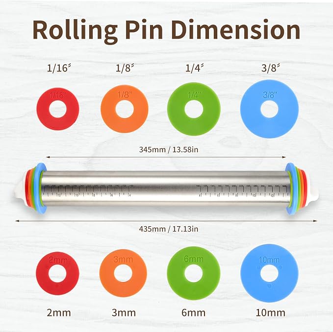 Adjustable Rolling Pin 17” with 4 Thickness Rings for Baking, Stainless Steel Dough Roller with Clear Measurement for Pizza, Fondant, Pie, Cookies, Baking Supplies, Pastry, Pasta