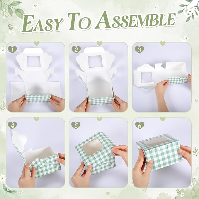 50 Pack Sage Green Gingham Cookie Boxes with Window, Plaid Small Bakery Treat Boxes for Pastry Donuts Macaroon Cupcakes, Wedding Bridal Shower Birthday Tea Party Baby Shower Favors