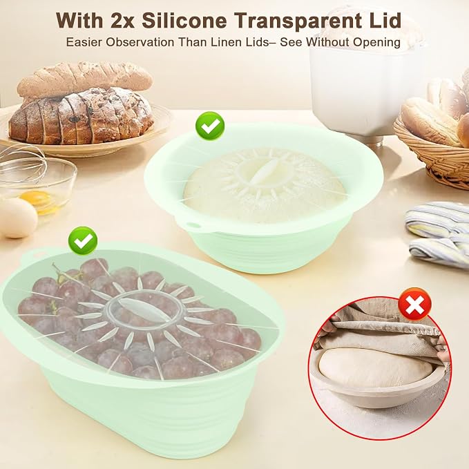 JOCXSPI Premium Foldable Silicone Sourdough Banneton Basket with 2 Lid, 9" Round & 10" Oval Sourdough Bread Proofing Basket, Non-Stick, Oven & Dishwasher Safe