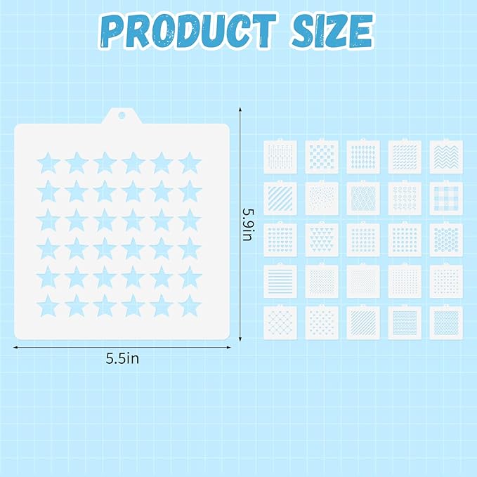 25 PCS Cookie Stencils Set, Reusable Baking Stencils with Checkered Heart Polka Dot Honeycomb Line Brick Star Patterns for Royal Icing Cake Decorating DIY Airbrush Templates for Cookies Coffee