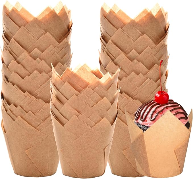 Natural Tulip Cupcake Liners for Baking 200 Cups, Unbleached Parchment paper Muffin Liners, Upgraded Standard Cupcake Wrappers, Greaseproof Cup Cake Liner, Easy to Use in Party, Birthday, Christmas