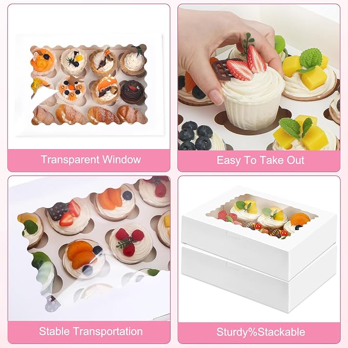Cupcake Boxes 10 PCS, 12 Count Cupcake Containers with Window and Inserts, Quality Cupcakes Holder White Bakery Boxes Holding Dessert/Pastry, Cupcake Carrier for Birthday Party Bakery Supplies