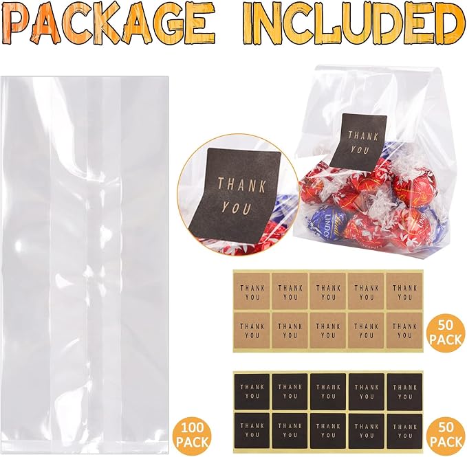 Cellophane Treat Bags Cookie Bags for Packaging Clear Gift Bag with Stickers for Cookies, Candy, Chocolates, Graduation Gift Bags(Clear, 9x4 INCH)