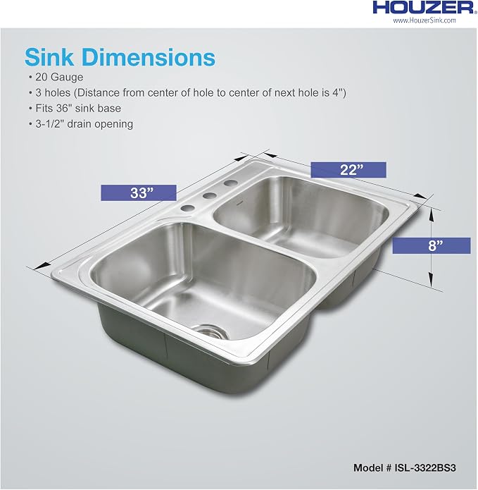 Houzer Glowtone Stainless Steel Kitchen Bar & Prep Sink - 33 Inch Drop-In Topmount 3-Hole 60/40 Double Bowl Sink, Durable & Versatile, Nested 20-Pack - ISL-3322BS3-20