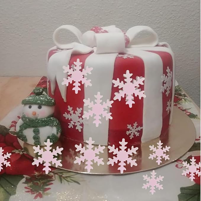 50PCS edible snowflakes for cake decorating Pink edible christmas cake decorations Wafer Paper snowflake cupcake toppers for Christmas Winter Holiday Frozen Theme Party Supplies