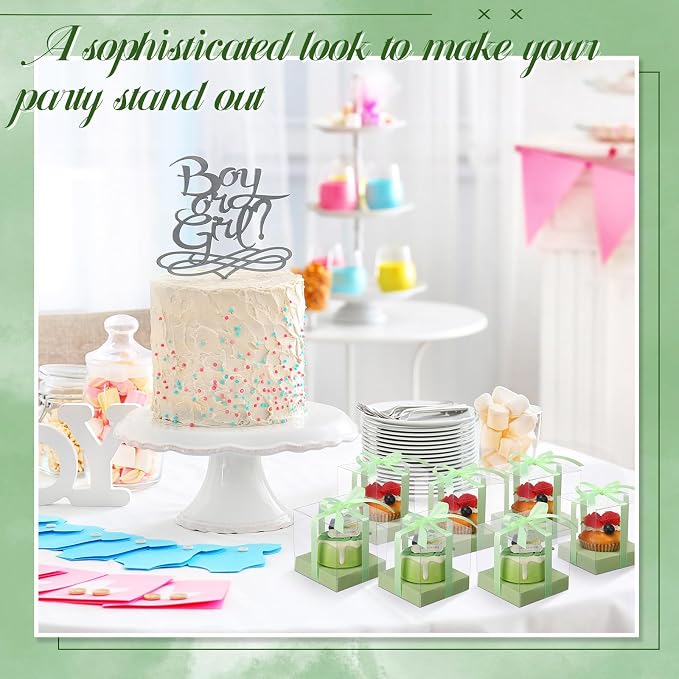 Thenshop 50 Pcs Clear Cupcake Boxes Individual 3.5 Inch Plastic Single Cupcake Containers Boxes with Inserts and Ribbon Individual Cake Storage Holders for Cake Kitchen(Light Green)