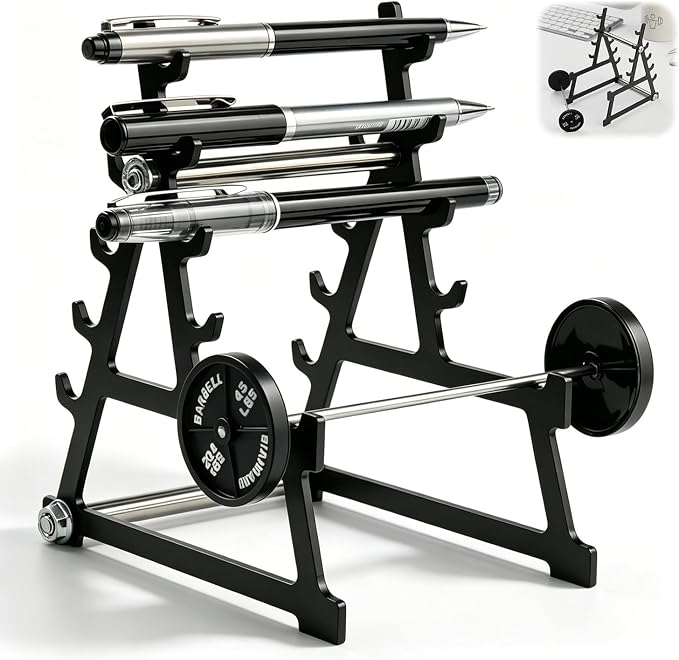 Metal Squat Rack Pen Holder with 8 Slots – Mini Barbell & Weight Blocks, Funny Desk Decor for Men Women, Cool Office Desk Accessories, Unique Pen Holder Gift for Gym Lovers Fitness Enthusiasts (Black)