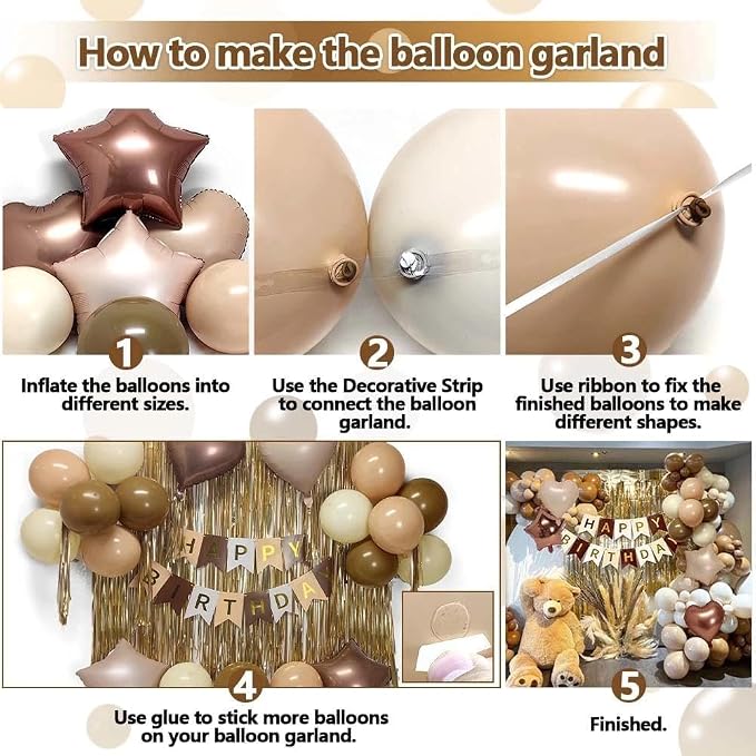 Brown Birthday Balloon Kit,Brown Apricot White Balloons Happy Birthday Banner Fringe Curtains Heart and Star Foil Balloon for Baby Shower Bear Boho Party Decoration