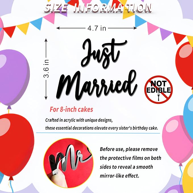 Just Married Cake Topper – Acrylic Wedding Cake Topper for Bride and Groom, Engagement, Bridal Shower Decorations, Elegant Sign for Cake (Just Married)