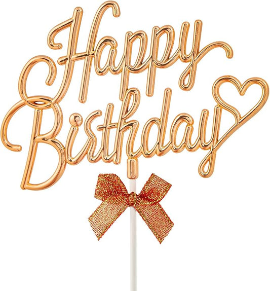 Gold Happy Birthday Cake Topper Plastic - 3D Double Sided Cursive Happy Birthday Sign for Cake with Bow, Idea for Cake Decoration(GOLD)