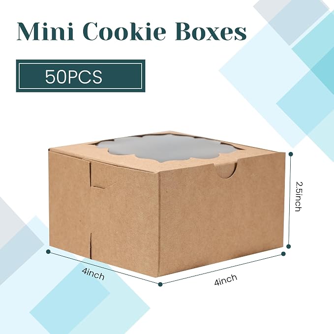 NPLUX 50pcs Cookie Boxes with Window Bakery Boxes Small Treat Boxes Mini Pie Boxes Pastry Boxes 4x4x2.5in, Graduation Gifts Party Favors(Brown)