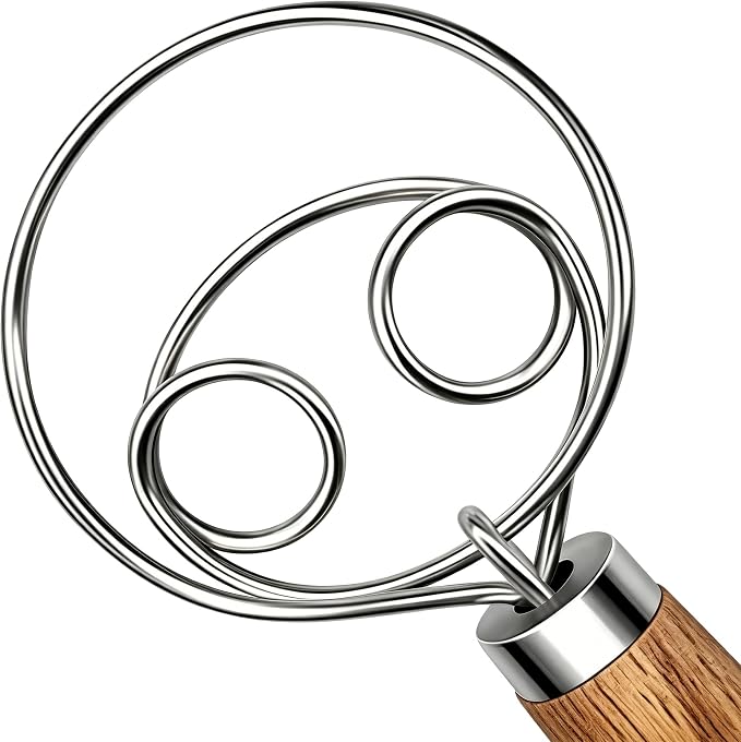 TEEVEA Danish Dough Whisk Stainless Steel Wooden Handle for Sourdough Bread | 4-Loop Anti-Clog Head Stops Lumps, Non-slip Grip Cuts Stirring Fatigue, Compact Build for Storage & Hand Wash Only