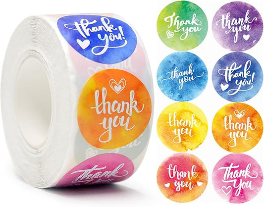 BLESS-VAST 500 PCS Thank You Stickers for Small Business - 1 Inch Colorful Decal Envelope Seal 8 Designs Vibrant Colors Labels for Baking Packaging Gift Bags Wraps Crafts (Watercolor)