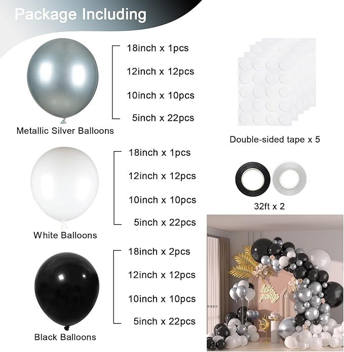 136pcs Black Silver White Balloons Garland Arch Kit,18 12 10 5 Inch Different Sizes Pack Party Latex Balloons for Disco Theme Birthday, Graduation, 90s Party Decorations