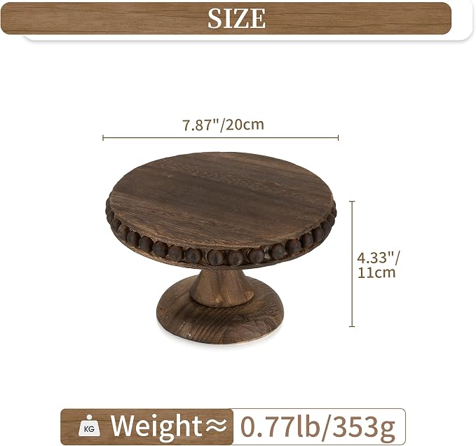 Hanobe Small Wood Cake Stand: Cupcake Pedestal Stand 8 inch Dessert Display Riser Distressed Rustic Round Cakes Holder Tray Vintage Beads Wooden Plate for Wedding Birthday Decor