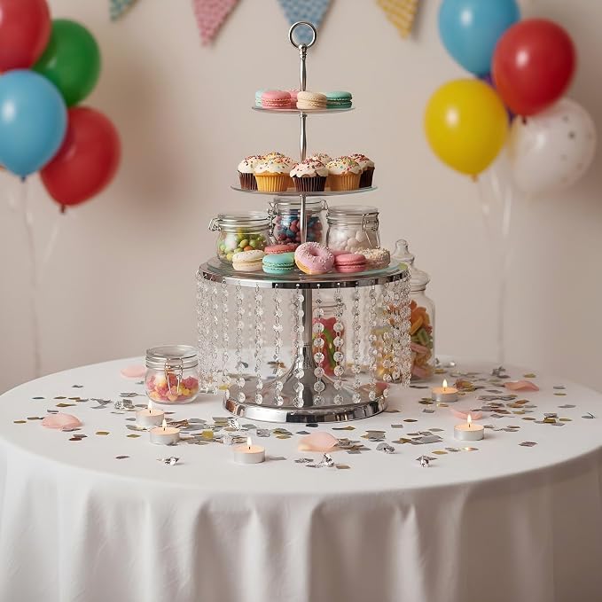 Cake Stand for Dessert Table 12 Inch Silver Crystal Pendants Metal Cake Stand Serves as A Round Dessert Cupcake Display Plate for Table, Wedding, Party, Event