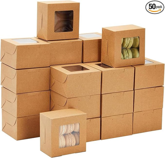 Juvale Cookie Boxes with Window - 50 Pack, 4 x 4 x 2.5 in Brown Cardboard - Pastry Containers & Cupcake Box for Baked Goods Packaging - Mini Treat Holders