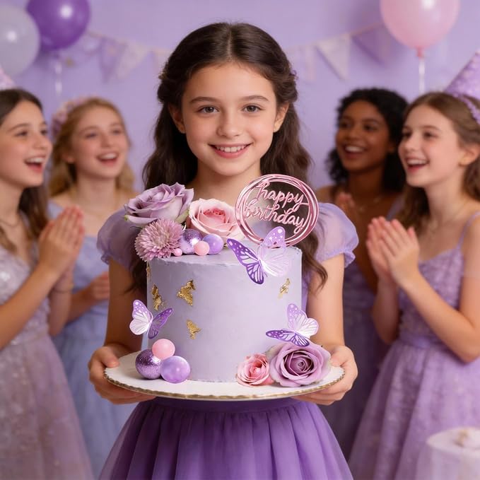 Flower Cake Toppers, Happy Birthday Rose Gold Cake Decorations with Artificial Flowers Butterfly Balls for Wedding Baby Shower Birthday Party Supplies (Purple)