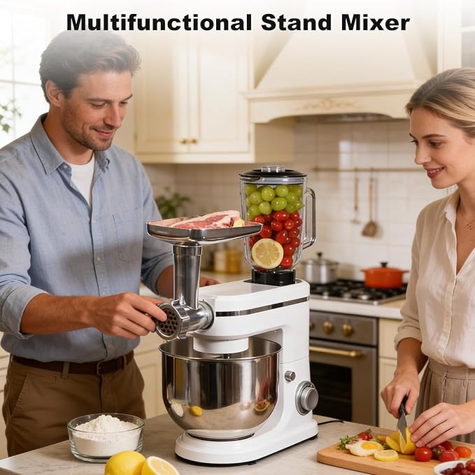 3-in-1 Stand Mixer with Meat Grinder Juicer for Kitchen, 6 Quart Tilt-Head Electric Mixer with Stainless Steel Bowl, 6+P Speeds, Dough Hook, Beater & Whisk