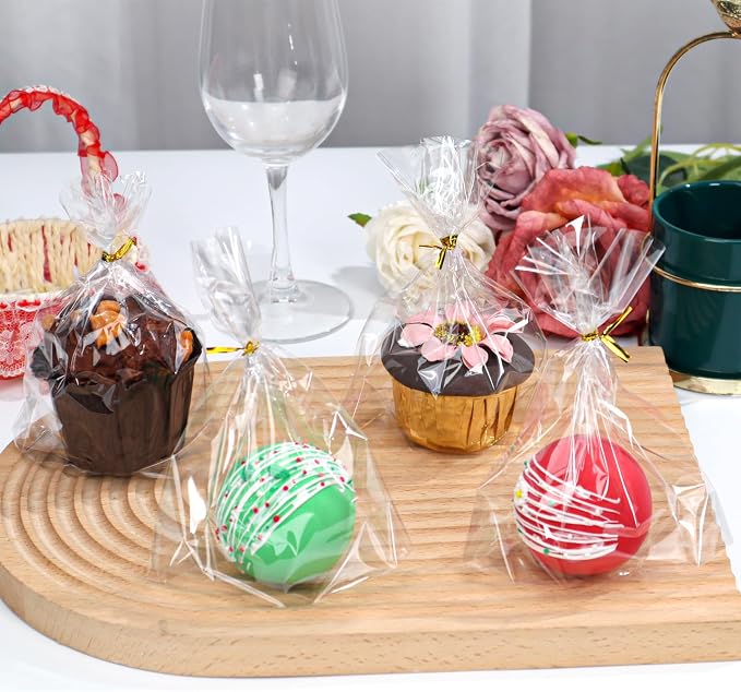 ROSPAKTEK 100 Pcs 6"x7"x2.4" Cellophane Muffin Bags with Gold Twist Ties – Commercial-Grade Flat-Bottom Design for Cupcakes, Cookies & Pastries (Fits Macarons/Chocolates/Strawberries) – Reusable