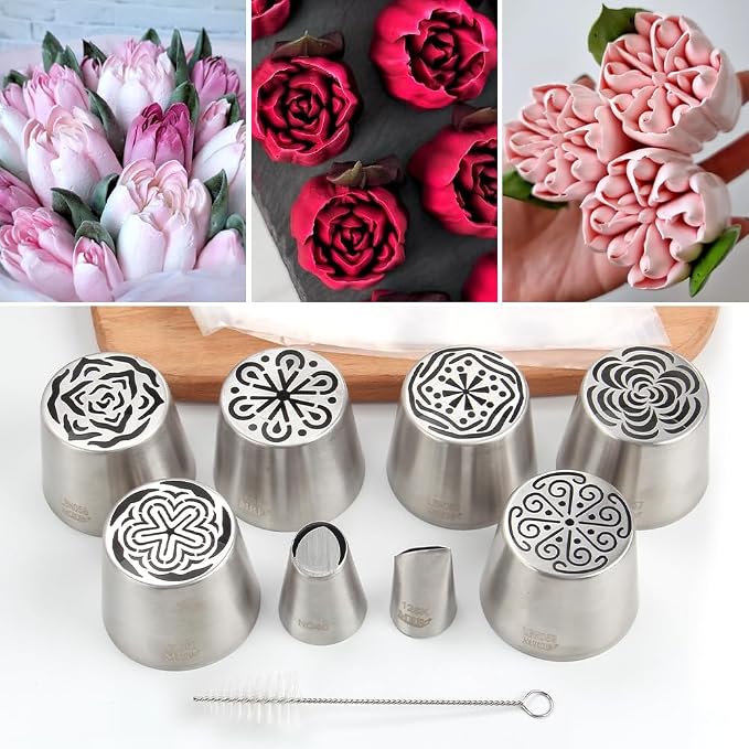 6 Pcs Stainless Steel Extra Large Russian Tulip Icing Tips Kit, Frosting Flower Piping Tips, 6 Russian Icing Tips,2 Cake Decorating Nozzles,1 Cleaning Brush,10 Disposable Pastry Bags for Baking
