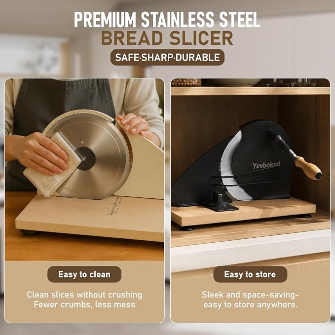 Manual Bread Slicer for Homemade Sourdough – Hand Crank Rotary Slicer | 0–0.8″ Adjustable Thickness, Stainless Steel Serrated Blade, Non-Slip Suction Cups, and Aluminum Alloy Frame