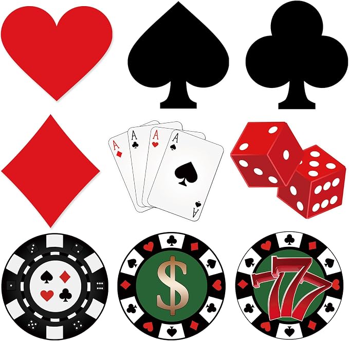 Vuzvuv 63Pcs 5In Versatile Casino Party Paper Cutouts with 120Pcs Glue Points,Las Vegas Casino Poker Themed Cut Outs Decorations for Birthday Party Theme Decor Supplies