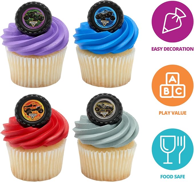 Monster Jam Rings, 24 Monster Truck Cupcake Toppers, Bright Colorful Truck Tire Cupcake Decorations, Food Safe - 24 Pack