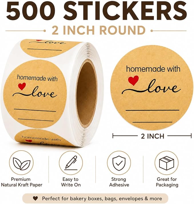 500 Kraft Canning Labels 2 Inch Round Sticker Labels, Homemade with Love Labels, Round Labels for Jars, Mason Jar Labels, Bakery Stickers, Candle Labels & Small Business Packaging