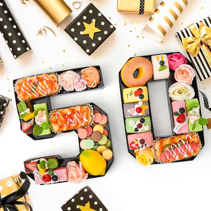 Cardboard Number for Charcuterie 50 Set Fillable Tray 10.2'' Black Charcuterie Paper Box for 50th Birthday Anniversary Party Decorations Chocolate Candy Cupcake Container