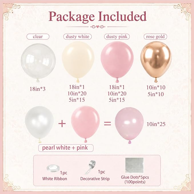 Double Stuffed Dusty Pink Balloon Arch Kit for Girls, Pearl Pink White Gold Balloon Garland for Baby Shower Birthday Wedding Bridal Party Decorations with Clear Metallic Rose Gold Balloons
