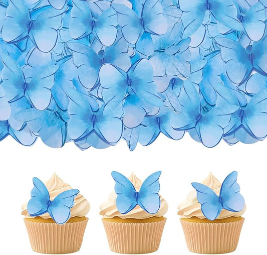 52 pcs edible wafer paper butterfly cake decoration, Cupcake topper multicolor butterfly decorative paper suitable for weddings birthdays Christmas cocktails (Watercolor blue)